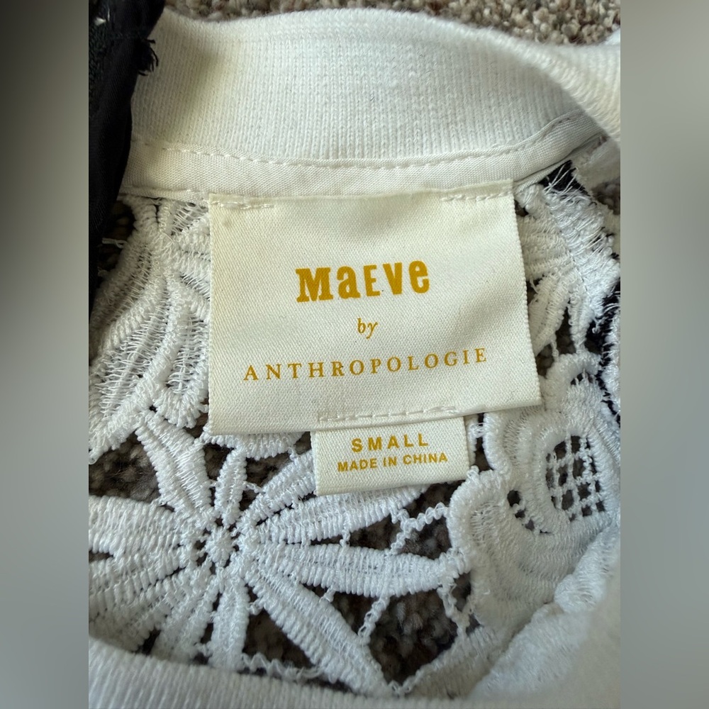 Anthropologie Maeve lace long sleeve white top black cuffs Small SO CUTE! Zipper - Picture 8 of 12